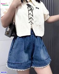 Quần short jean Nexxi xanh đậm viền ren