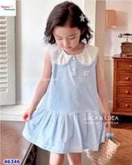 Đầm Luca xanh cổ trắng thêu nơ