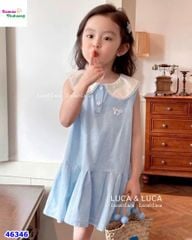 Đầm Luca xanh cổ trắng thêu nơ
