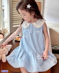 Đầm Luca xanh cổ trắng thêu nơ