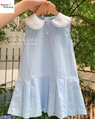 Đầm Luca xanh cổ trắng thêu nơ