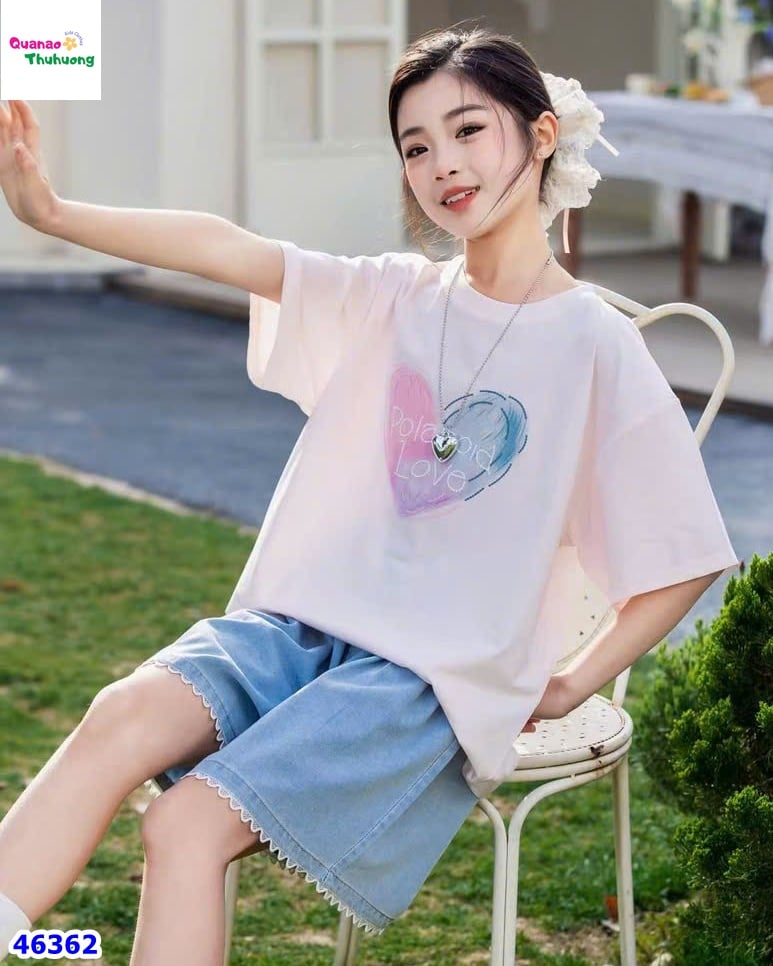 Set áo hồng trái tím, quần short jean