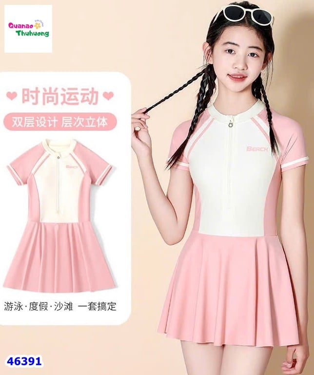 Set váy bơi màu kem tay hồng