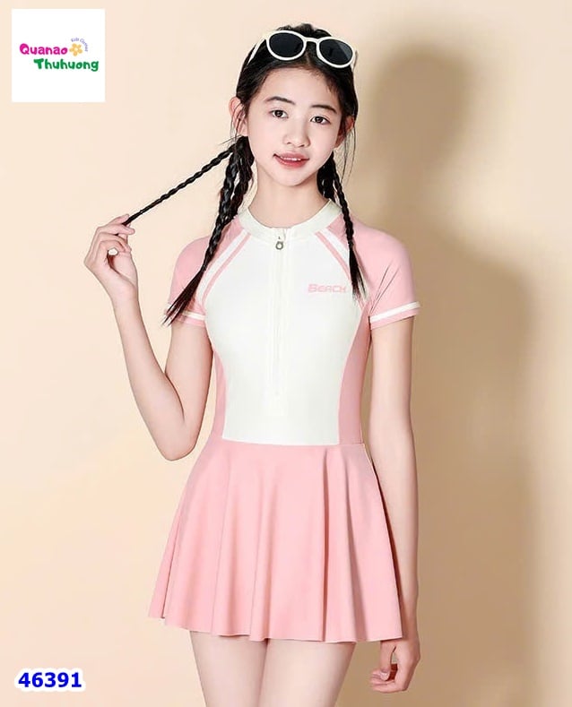 Set váy bơi màu kem tay hồng