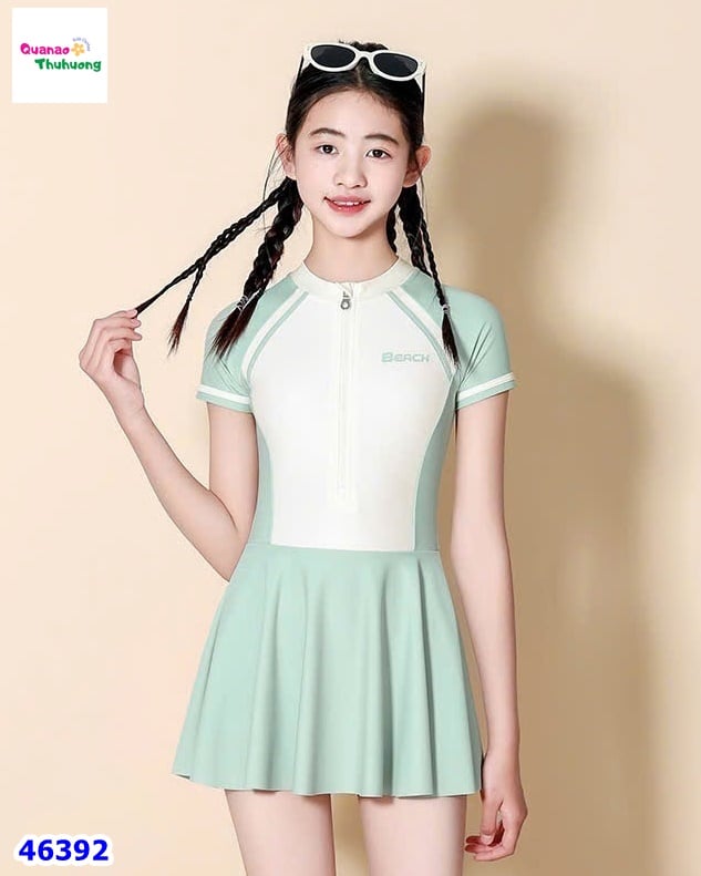 Set váy bơi màu kem tay xanh