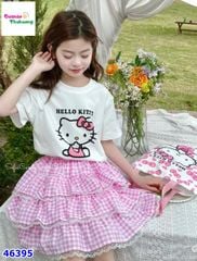 Set MiaKid áo trắng Kitty, váy caro hồng