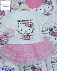 Set MiaKid áo trắng Kitty, váy caro hồng
