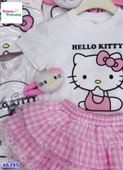 Set MiaKid áo trắng Kitty, váy caro hồng