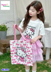 Set MiaKid áo trắng Kitty, váy caro hồng