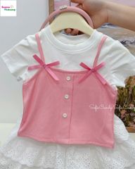 Set váy MiaKid hồng đính nơ, váy trắng
