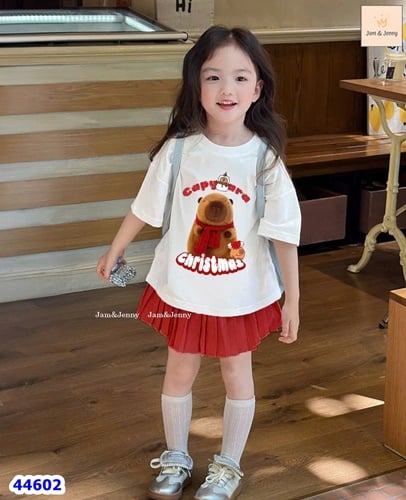 Set váy J&J trắng Capybara Christmas, cv đỏ - size 2-3y