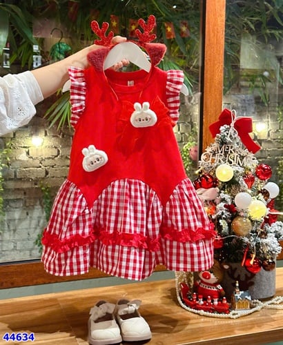 Đầm Sofia đỏ Labubu phối caro+cài tóc - size 2-3y
