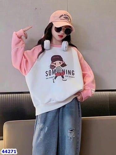 Hoodie trắng cô gái tay phối hồng - size 160