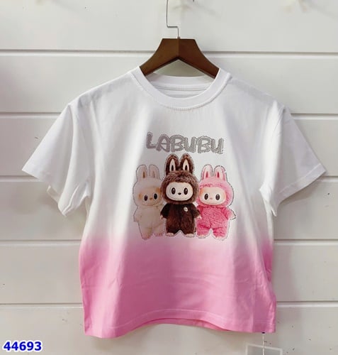 Áo thun trắng loang hồng 3 labubu - size 140