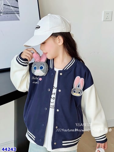 Bomber xanh dương phối tay trắng + thỏ hồng - size 110