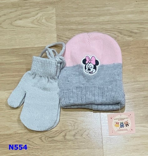 Nón len xám hồng Minnie + bao tay - size 0-12m