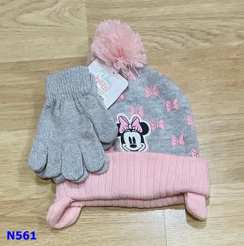 Nón len xám Minnie nơ + bao tay - size 2-3y