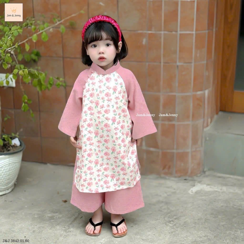 Áo dài J&J hồng nhạt hoa