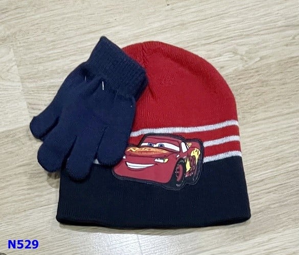 Nón len sọc đỏ xe + bao tay xanh đen - size 4-7y