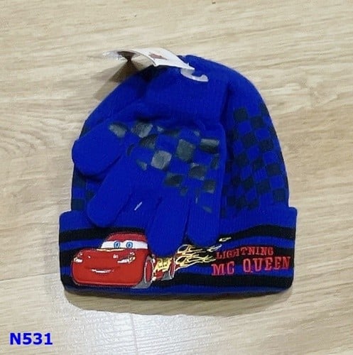 Nón len caro xanh đen xe đỏ + bao tay - size 2-5y