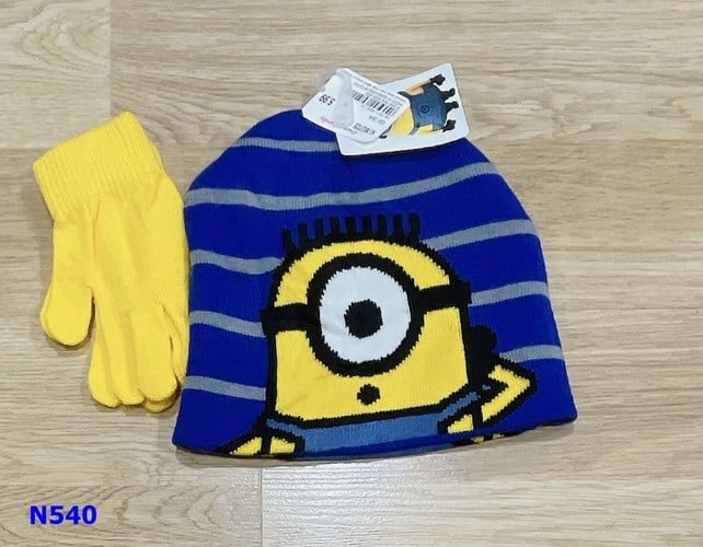 Nón len xanh sọc Minion+bao tay vàng - size 3-5y