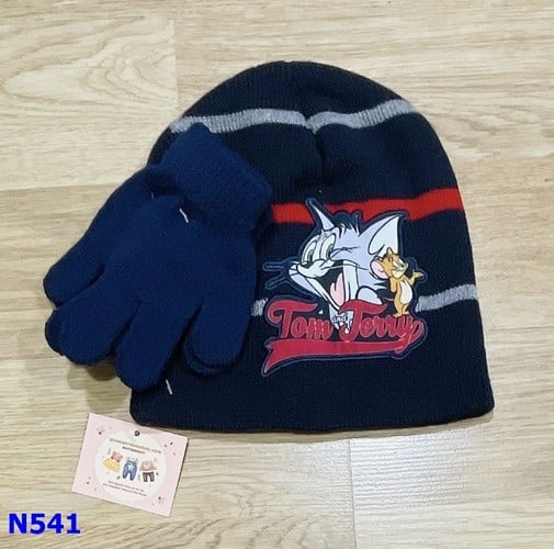 Nón len đen Tom&Jery+ bao tay xanh đen - size 4-7y