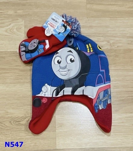 Nón len chụp tai xanh đỏ xe lửa+bao tay đỏ - size 4-8y