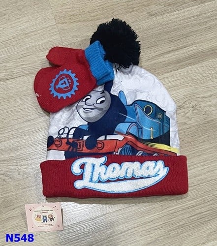 Nón len đỏ xe lửa Thomas+bao tay đỏ - size 4-8y