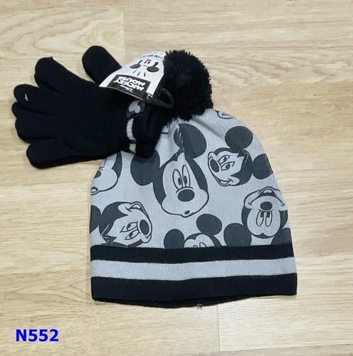 Nón len xám nhiều Mickey + bao tay đen - size 5-8y