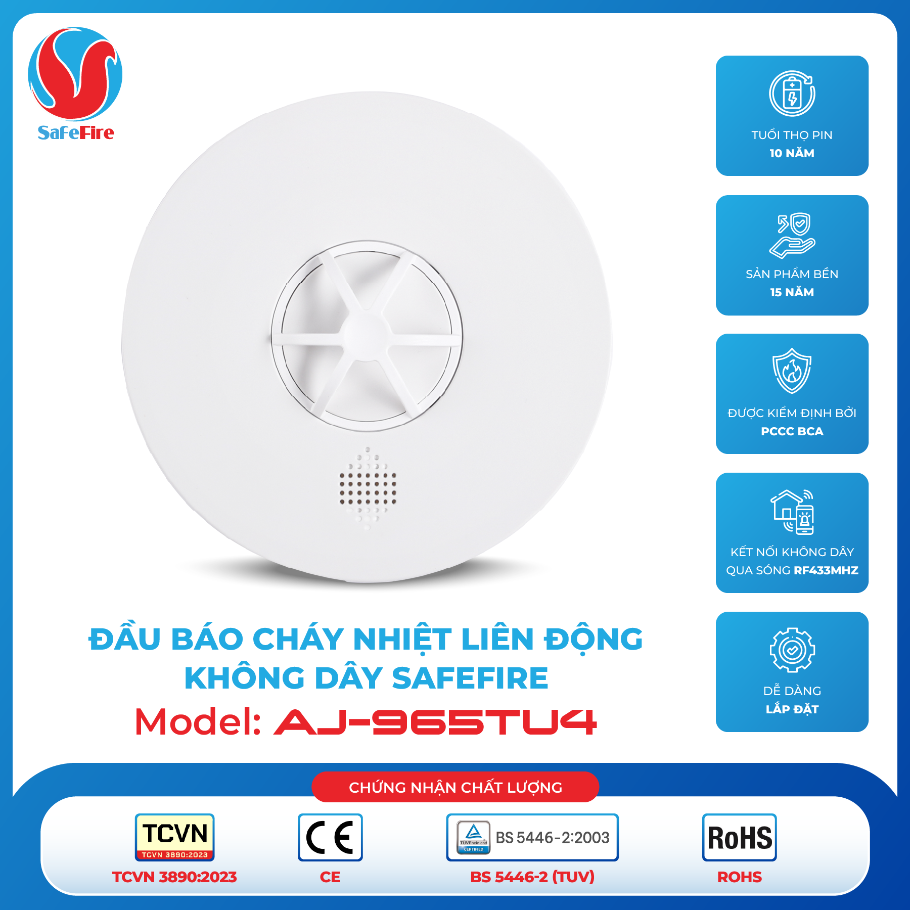  Đầu báo nhiệt liên động không dây SafeFire AJ-965TU4 