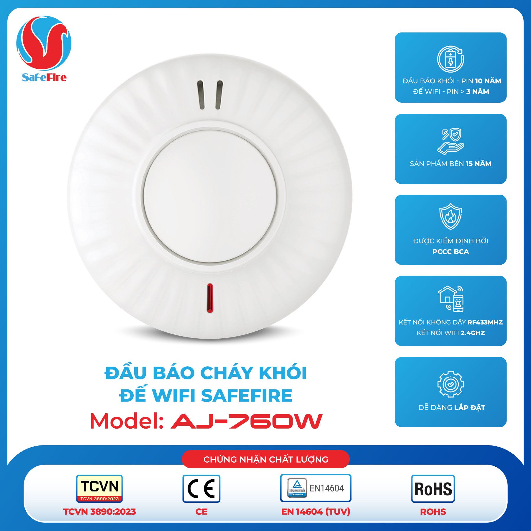  Đầu báo cháy khói liên động không dây kèm đế Wifi SafeFire AJ-760W 