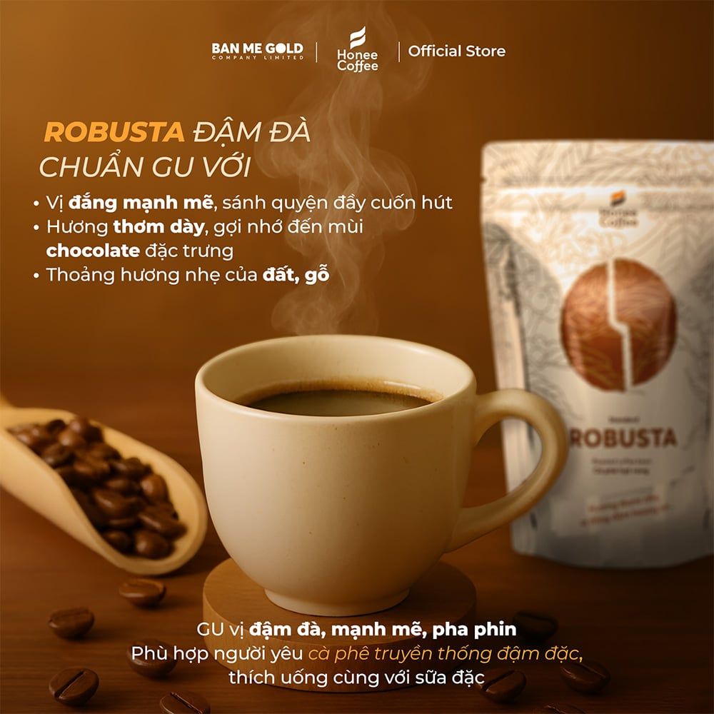 Cà Phê Robusta 100% Nguyên Chất (Cao Cấp) - 250g/500g/1kg - Cafe Hạt Rang Xay Chính Hãng Ban Me Gold - Honee Coffee