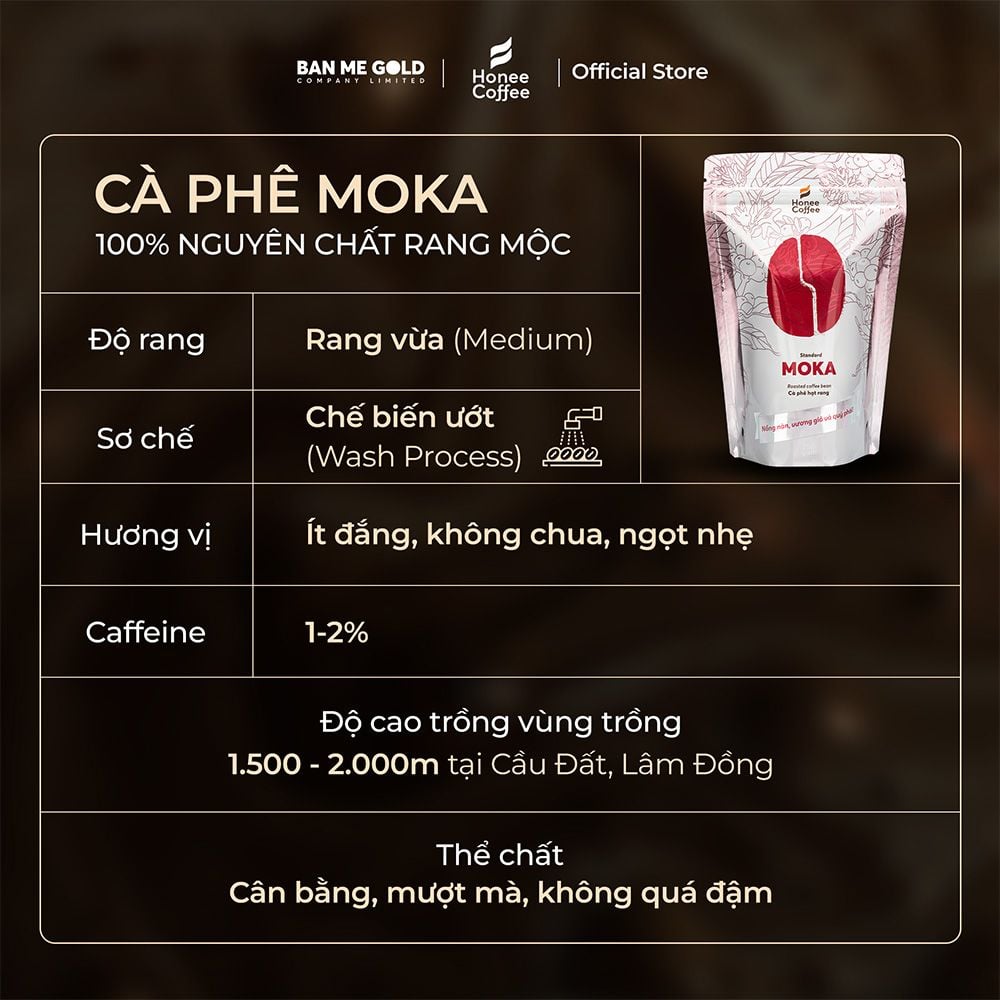 Cà Phê Moka 100% Nguyên Chất (Cao Cấp) - 250g/500g/1kg - Cafe Hạt Rang Xay Chính Hãng Ban Me Gold - Honee Coffee