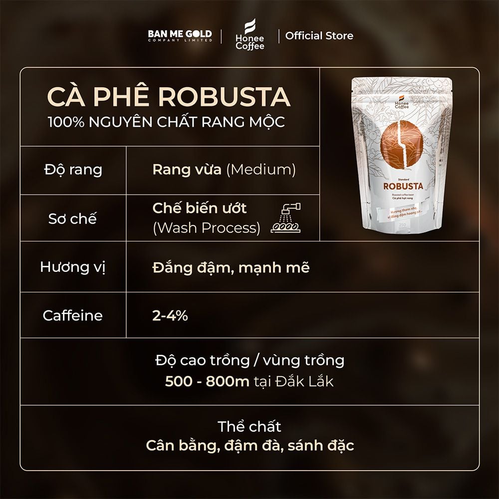 Cà Phê Robusta 100% Nguyên Chất (Cao Cấp) - 250g/500g/1kg - Cafe Hạt Rang Xay Chính Hãng Ban Me Gold - Honee Coffee