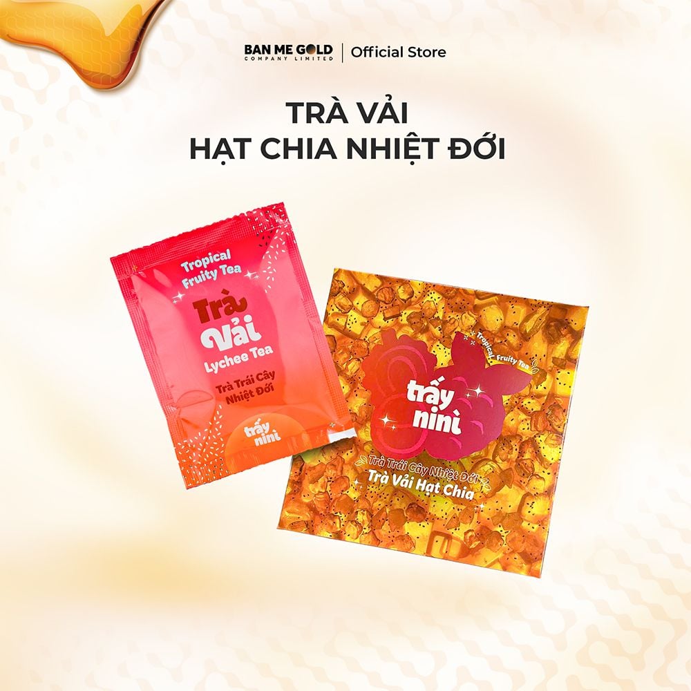 Trà Vải Hạt Chia Thanh Nhiệt - Hộp 100g (10 Gói) - Trà Trái Cây Nhiệt Đới Detox Ít Đường Ban Me Gold - Trấy Ni Nì