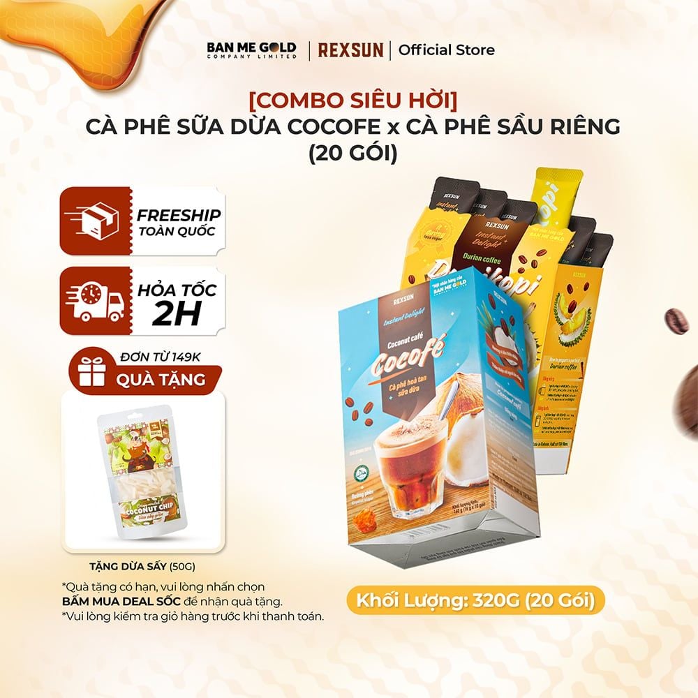 [COMBO SIÊU HỜI] 2 Hộp Cà Phê Sữa Dừa Cocofe x Cà Phê Sầu Riêng ( 20 Gói) - Cafe Hòa Tan 3in1 Cao Cấp Chính Hãng REXSUN