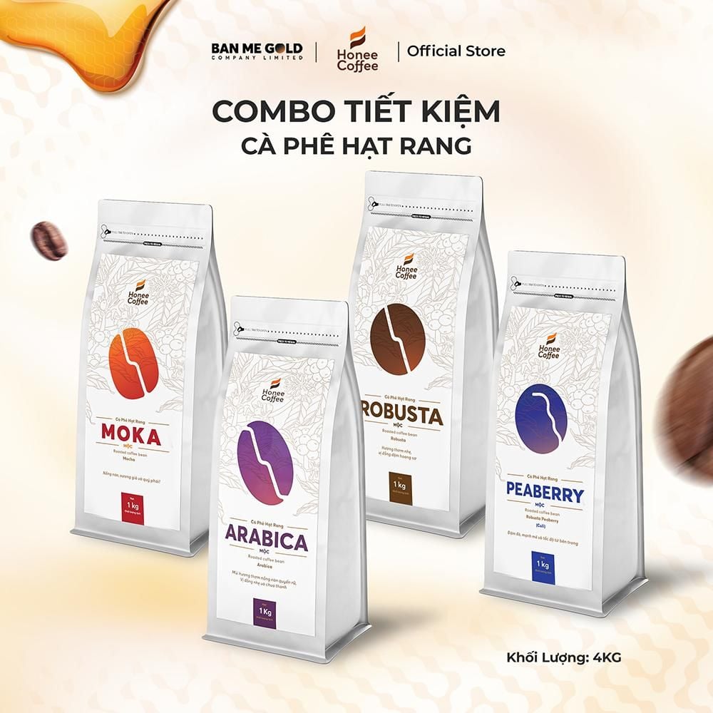 [TIẾT KIỆM] 4 Túi (1KG NGUYÊN HẠT) Cà Phê Nguyên Chất 100% Arabica / Robusta / Culi / Moka Chính Hãng Ban Me Gold - Honee Coffee