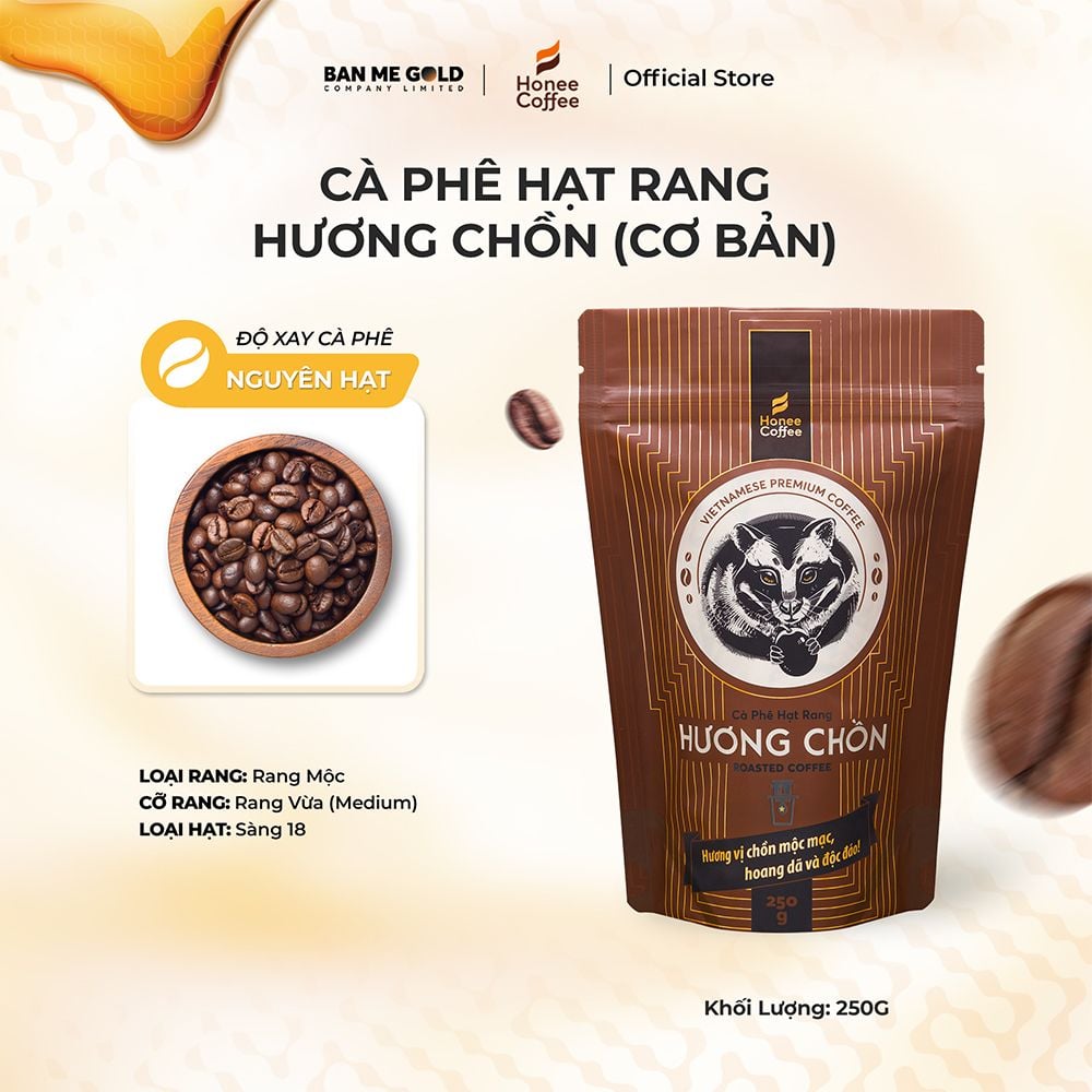 [CƠ BẢN] Cà Phê Hương Chồn (Nâu) Hạt Rang Mộc (250g) Cà Phê Chồn 100% Nguyên Chất Chính Hãng Ban Me Gold - Honee Coffee