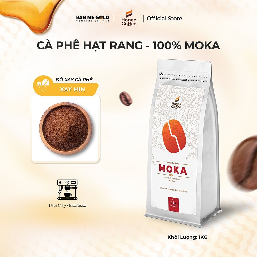 Cà Phê Moka 100% Nguyên Chất (Cao Cấp) - (250g/500g/1kg NGUYÊN HẠT)- Cafe Hạt Rang Xay Chính Hãng Ban Me Gold - Honee Coffee