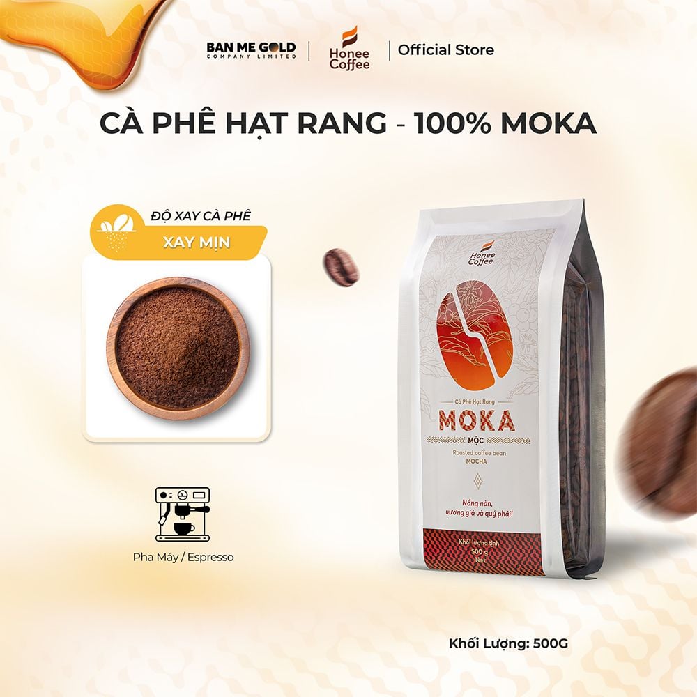 Cà Phê Moka 100% Nguyên Chất (Cao Cấp) - 250g/500g/1kg - Cafe Hạt Rang Xay Chính Hãng Ban Me Gold - Honee Coffee