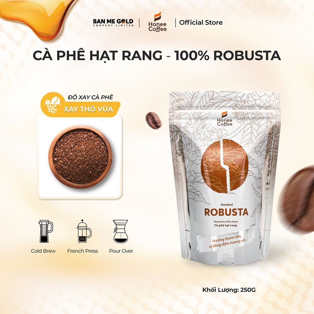 Cà Phê Robusta 100% Nguyên Chất (Cao Cấp) - 250g/500g/1kg - Cafe Hạt Rang Xay Chính Hãng Ban Me Gold - Honee Coffee