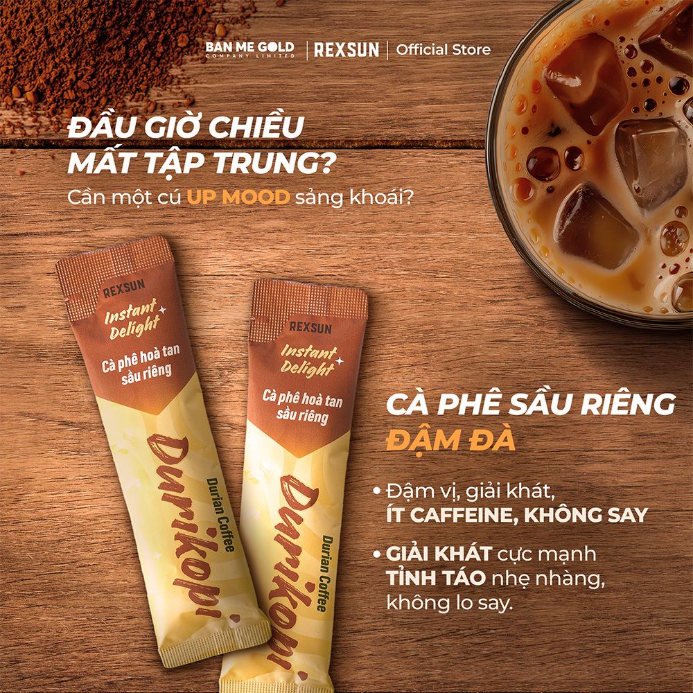 Cà Phê Sầu Riêng Đậm Đà - Hộp 160g (10 gói) - Cafe 3in1 Hoà Tan Cao Cấp - Chính Hãng Ban Me Gold - Rexsun