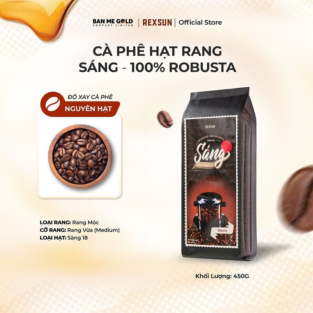 Cà Phê Robusta 100% Nguyên Chất - Sáng (450g) Cafe Hạt / Pha Phin / Pha Máy Xay Sẵn Chính Hãng Ban Me Gold - Rexsun