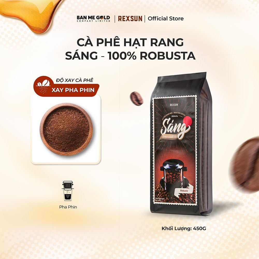 Cà Phê Robusta 100% Nguyên Chất - Sáng (450g) Cafe Hạt / Pha Phin / Pha Máy Xay Sẵn Chính Hãng Ban Me Gold - Rexsun