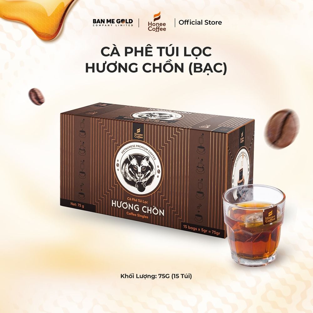 Cà Phê Túi Lọc Hương Chồn (Bạc) Tiện Lợi - Hộp 75gr (15 Túi) - Cà Phê Chồn 100% Nguyên Chất Ban Me Gold - Honee Coffe