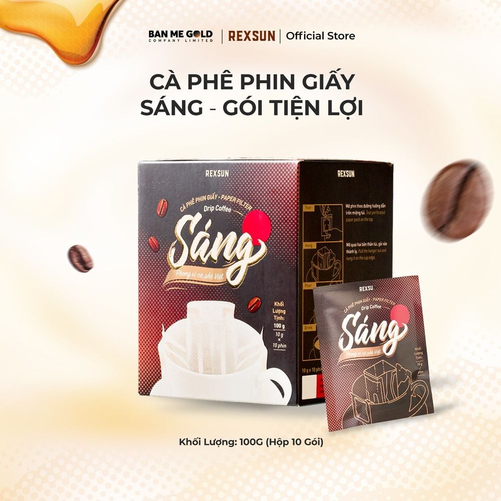 Cà Phê Phin Giấy - Sáng - Hộp 100gr (10 Túi) - Không Đường Sữa - Cafe Nguyên Chất Chính Hãng Ban Me Gold - Rexsun