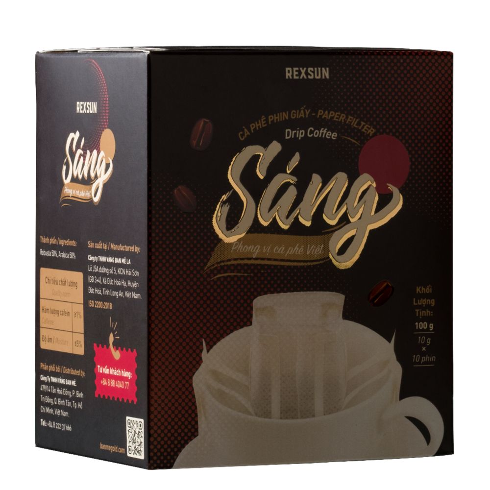 Cà Phê Phin Giấy - Sáng - Hộp 100gr (10 Túi) - Không Đường Sữa - Cafe Nguyên Chất Chính Hãng Ban Me Gold - Rexsun