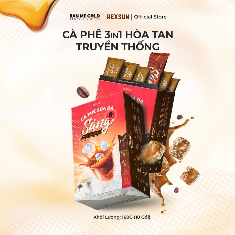 Cà Phê Hoà Tan Sữa Đá 3in1 Tiện Lợi - Sáng - Hộp 216g (12 gói) - Cafe Hòa Tan Sữa Đá Ban Me Gold - Rexsun