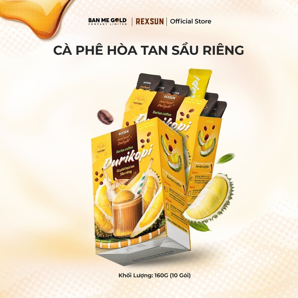 Cà Phê Sầu Riêng Durikopi Hòa Tan - Instant Delight – Hộp 160gr (10 Gói) - Cafe Hòa Tan Chính Hãng Ban Me Gold - REXSUN