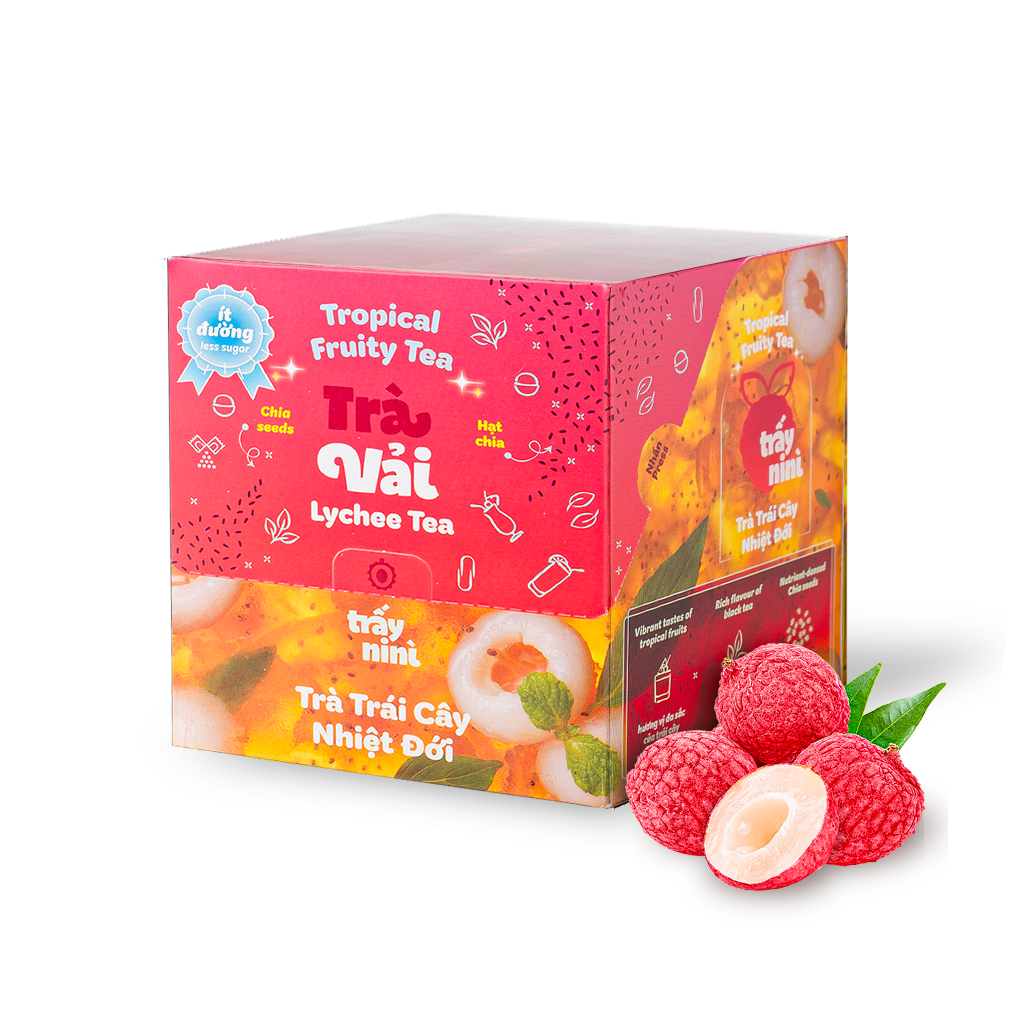 Trà Vải Hạt Chia Thanh Nhiệt - Hộp 100g (10 Gói) - Trà Trái Cây Nhiệt Đới Detox Ít Đường Ban Me Gold - Trấy Ni Nì